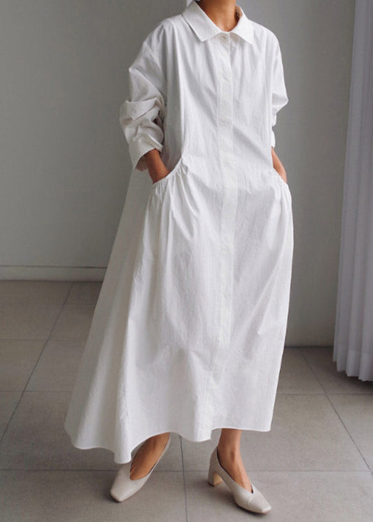 Pan Peter Long Cotton Sleeve Button Boutique Collar Dress White