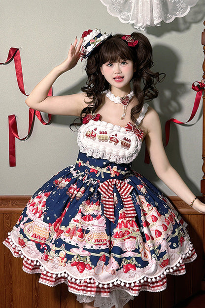 Natural Waisted Ruffle Bowknot Sweet Lolita JSK Dress with Strawberry Dessert Print - 4 Colors