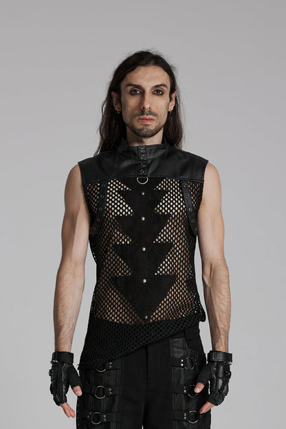 Men's Black Punk Vest, Mesh with Triangle Eyelets and High Collar