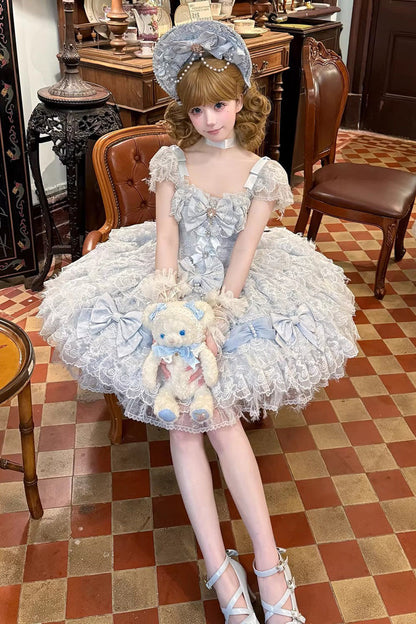 Azure Cloudborne Snowfeather Sleeveless Multi-Layered Hanayome Bow Pearl Gothic Lolita Jumper Dress