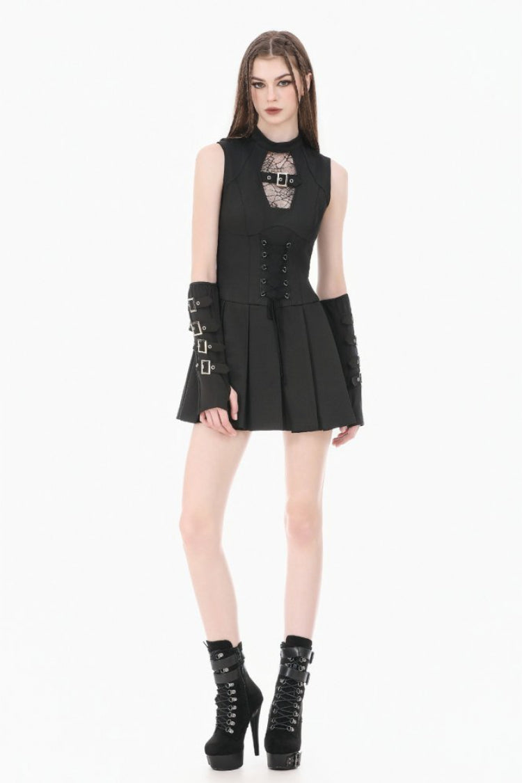 No-Sleeve Cobweb Sheer Mesh Lace-Up Punk Mini Dress