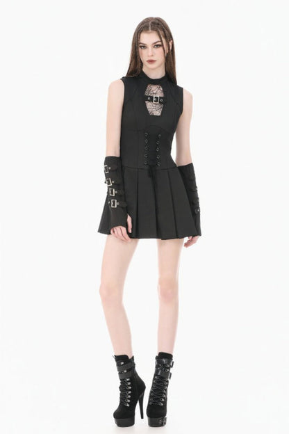 No-Sleeve Cobweb Sheer Mesh Lace-Up Punk Mini Dress