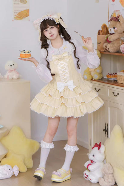 Vintage Cream Puff Sleeveless Triple Ruffle Bow Lace-Up Tiered JSK