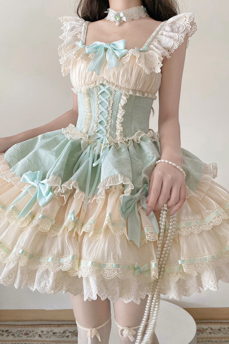 Emerald Double-Layer Ruffle Bow Lace Lace-Up Sweet Ballet Lolita Jumper Dress