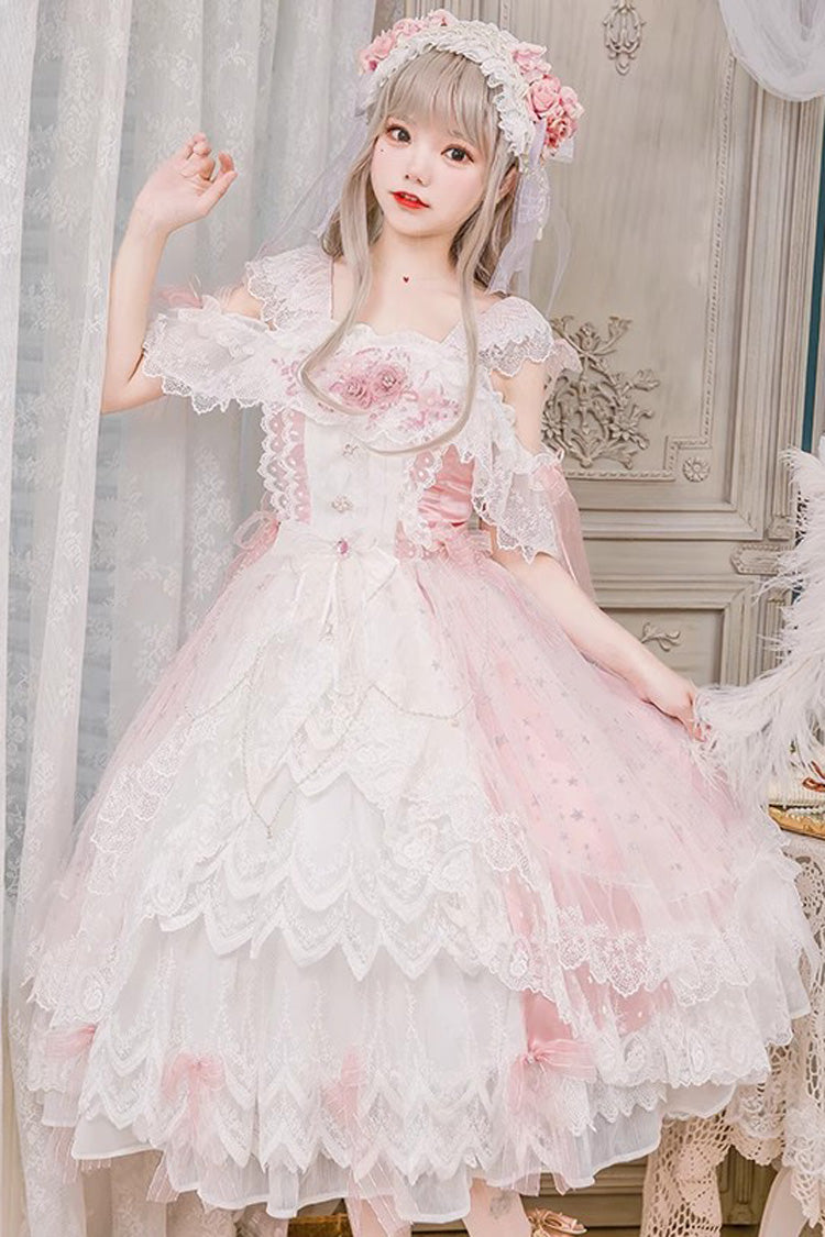Blush Off-Shoulder Ruffle Hanayome Bow Lace Elegant Dress - Glazed Phantom