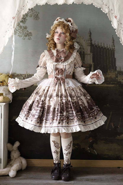 Teddy Bear Party Round Collar Printed Sweet Lolita Dress - Ruffled Bow