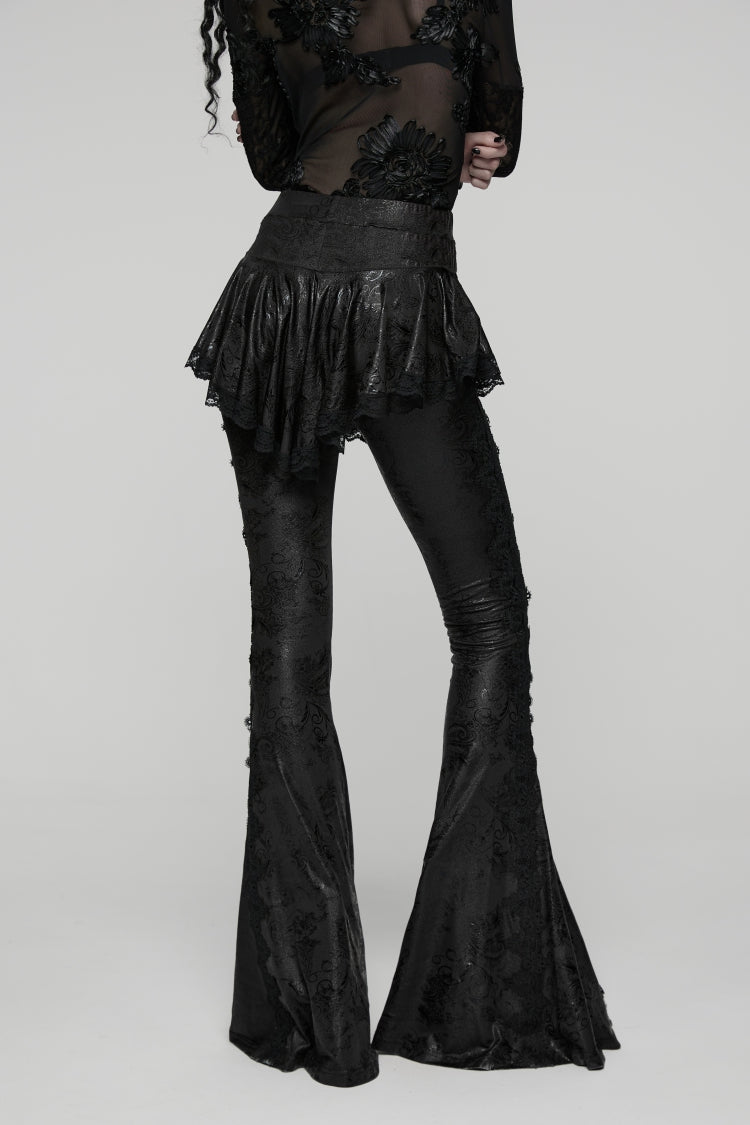 Slim Faux Two-Piece Flared Pants with Lace Accents