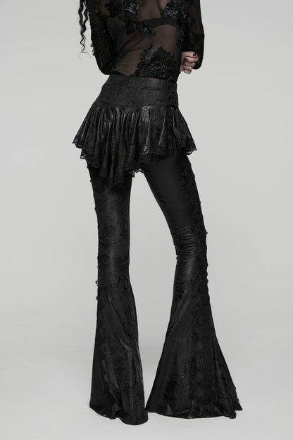 Slim Faux Two-Piece Flared Pants with Lace Accents