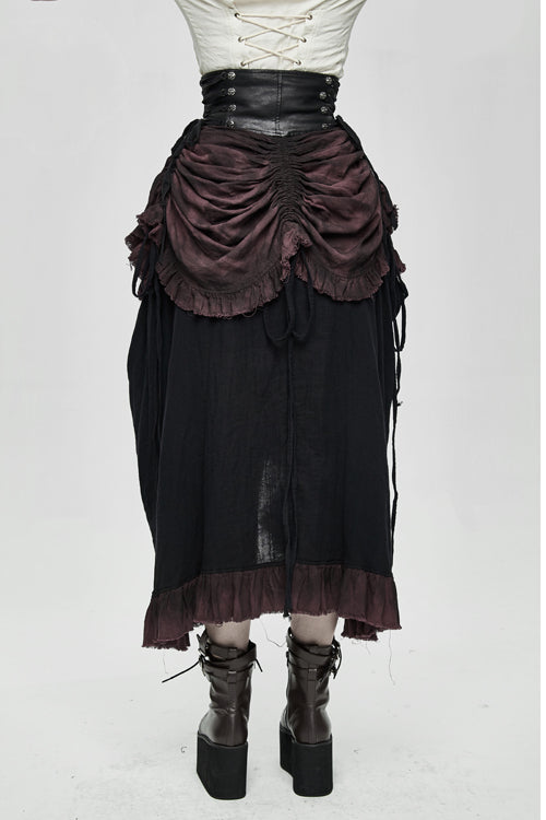 Drawstring Steampunk Half Skirt for Women - Burgundy Printed