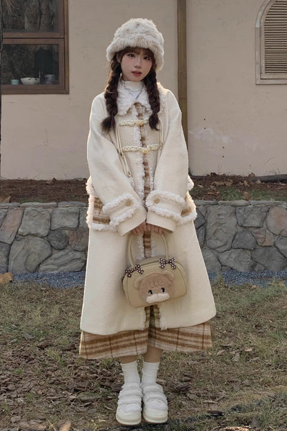Sweet Lolita Coat with Doll Collar, Plaid Print Stitching & Long Sleeves, Cream