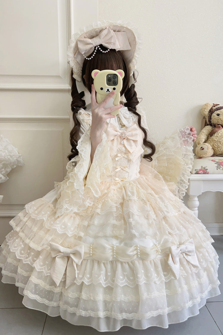 Sweet Princess Lolita Gown with Layered Bows & Lace Accents in Cream