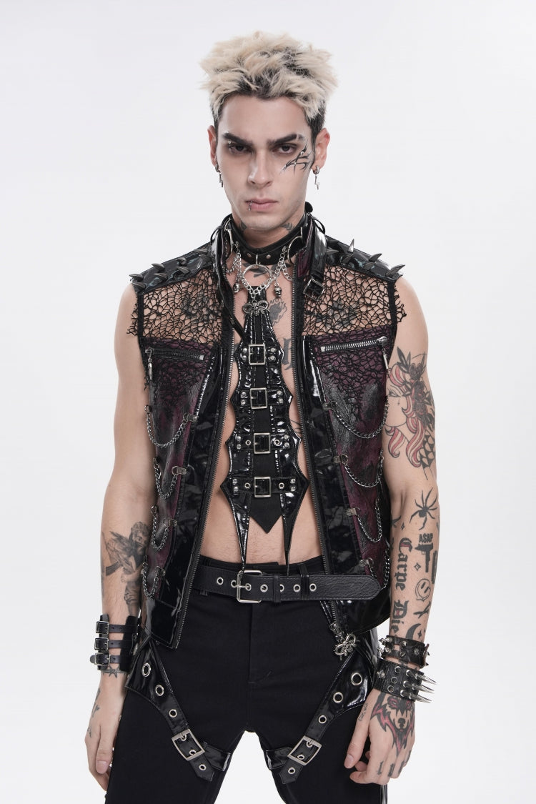 Men's Black Punk Vest, Spliced Mesh with Studs, Zippers and Eyelets