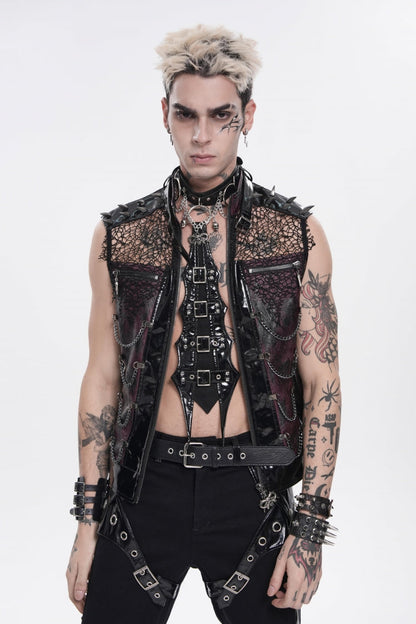 Men's Black Punk Vest, Spliced Mesh with Studs, Zippers and Eyelets