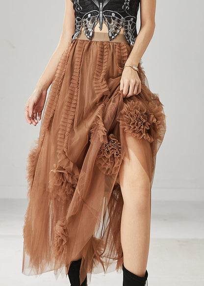 Classy Brown Ruffled Stereoscopic Floral Tulle Skirt Spring TT1016