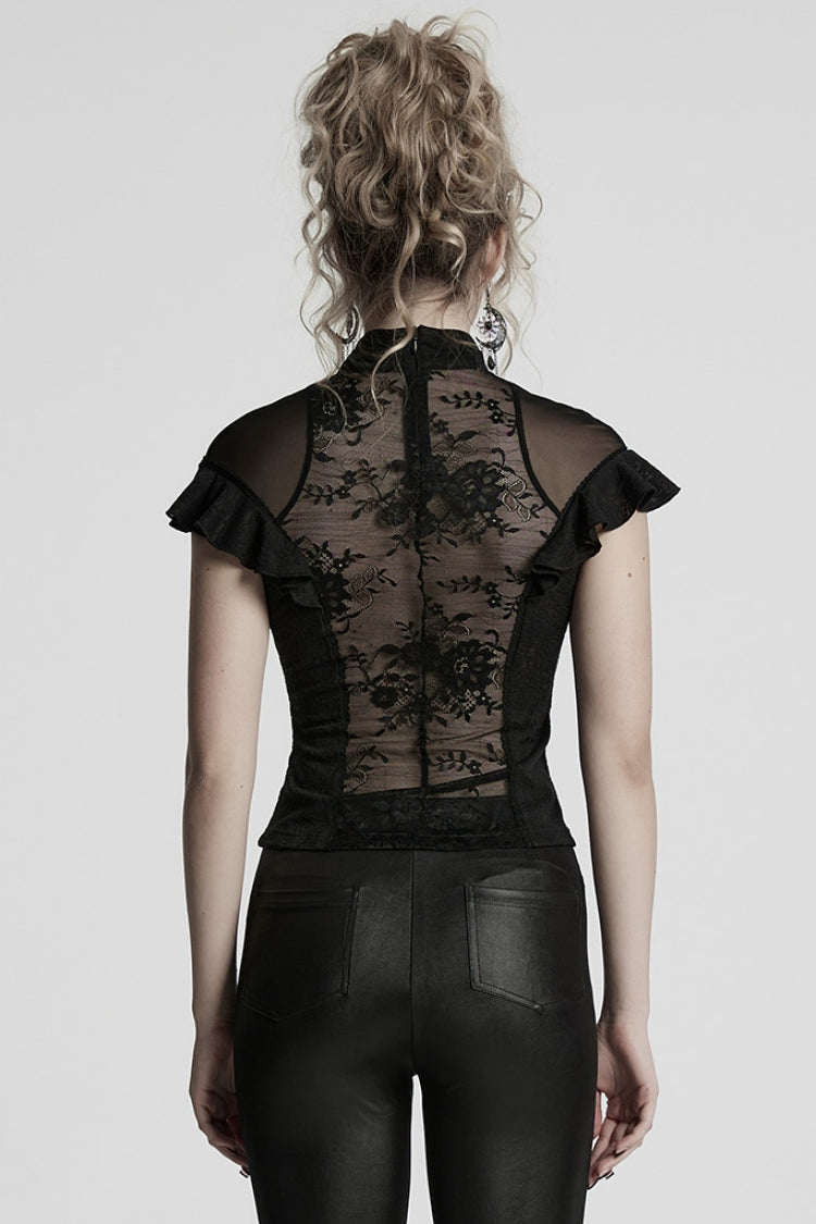 Ruffle Sheer Lace Gothic Blouse with Embroidery for Women