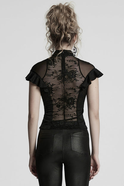 Ruffle Sheer Lace Gothic Blouse with Embroidery for Women