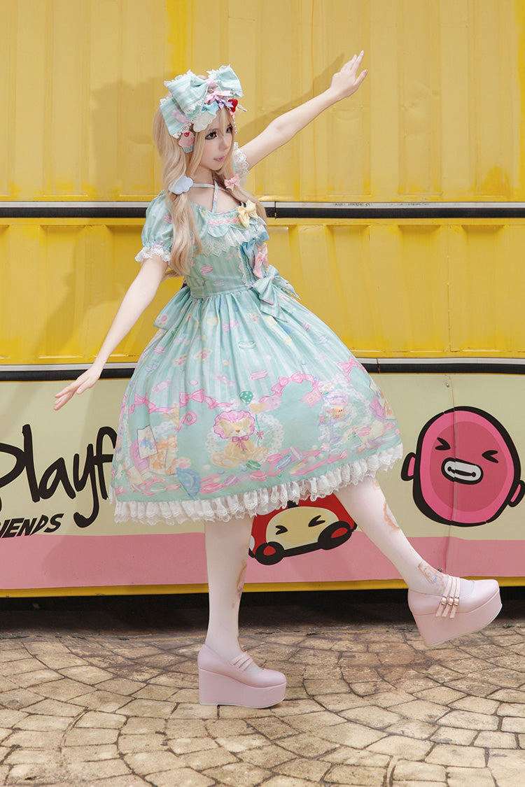 Emerald Macaron Dolly Square-Collar Lantern-Sleeve Bow Printed Dress