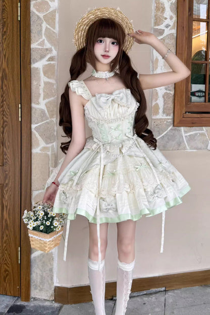 Sleeveless Ruffle Bowknot Lace Sweet Ballet Lolita JSK Dress in Mint Milk Green