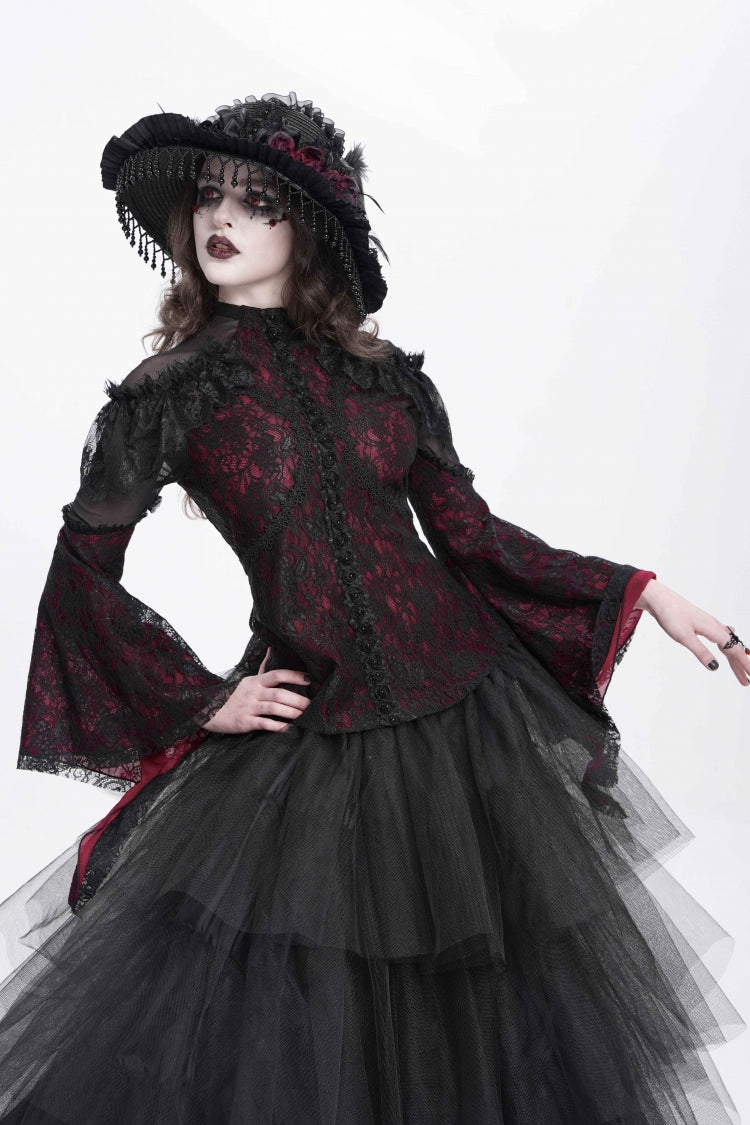 Crimson High-Neck Gothic Lace Blouse with Embroidered Flared Sleeves