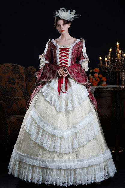 Victorian Palace Dress with Hime Sleeves and Lace-Up Front in Wine/Ivory - NostalgicElegance