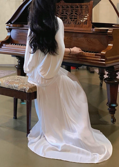 Dresses Neck White Wrinkled Sleeve Batwing Solid Women V