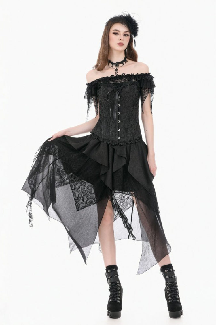 Women's Gothic Overbust Corset with Ruffled Lace and Lace-Up in Black Jacquard