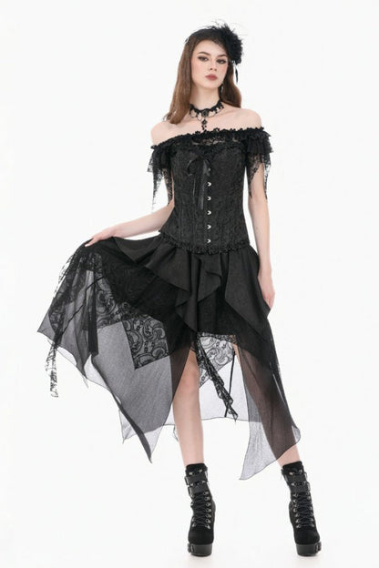 Women's Gothic Overbust Corset with Ruffled Lace and Lace-Up in Black Jacquard