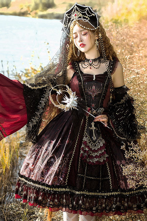 Classic Lolita JSK Dress with Heart Bowknot and Multi-Layer Ruffles in Wine - VintageBride