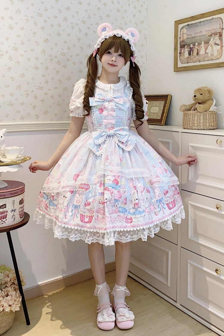 Azure Cute Rabbit Sweet Cake Print Ruffle Bow Lace Sweet Lolita Jumper Dress