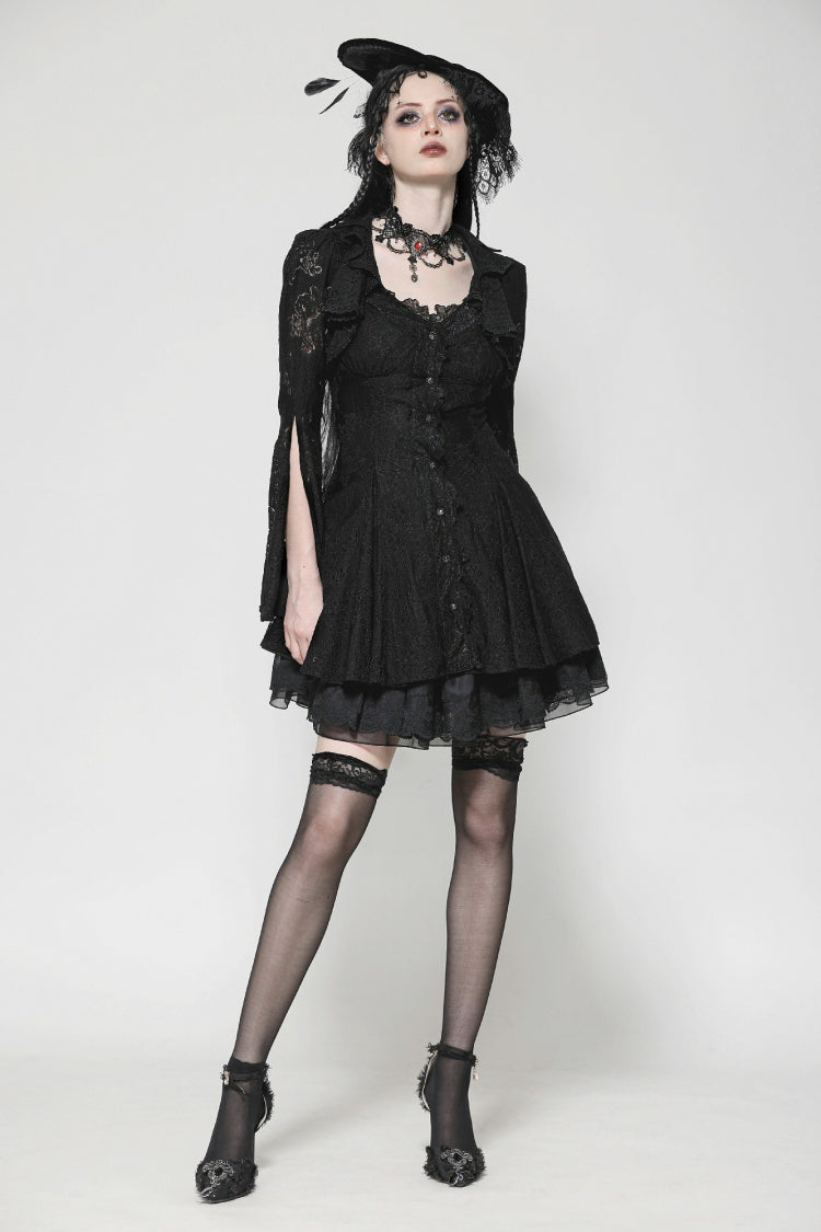 Ebony Flared-Sleeve Embroidered Lace-Up Gothic Honeymoon Dress