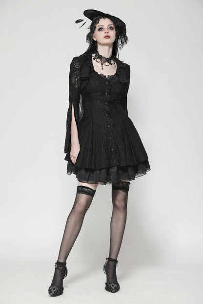 Ebony Flared-Sleeve Embroidered Lace-Up Gothic Honeymoon Dress