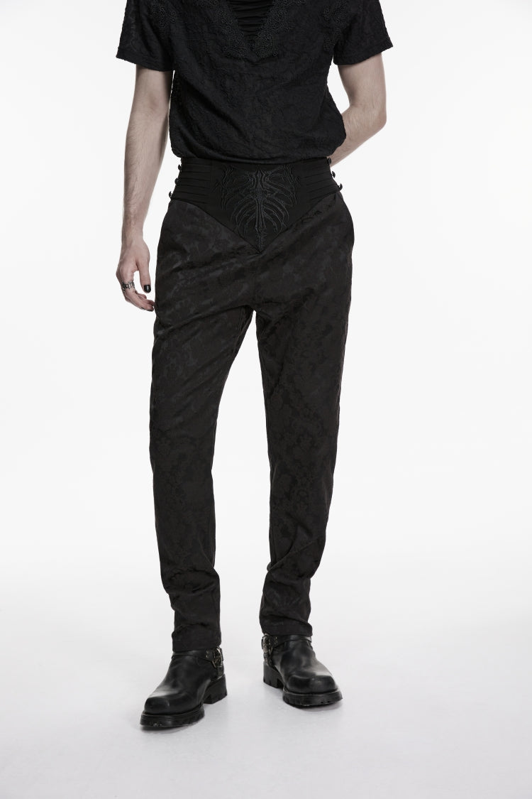 Slim Pleated Embroidered Gothic Pants for Men in Black