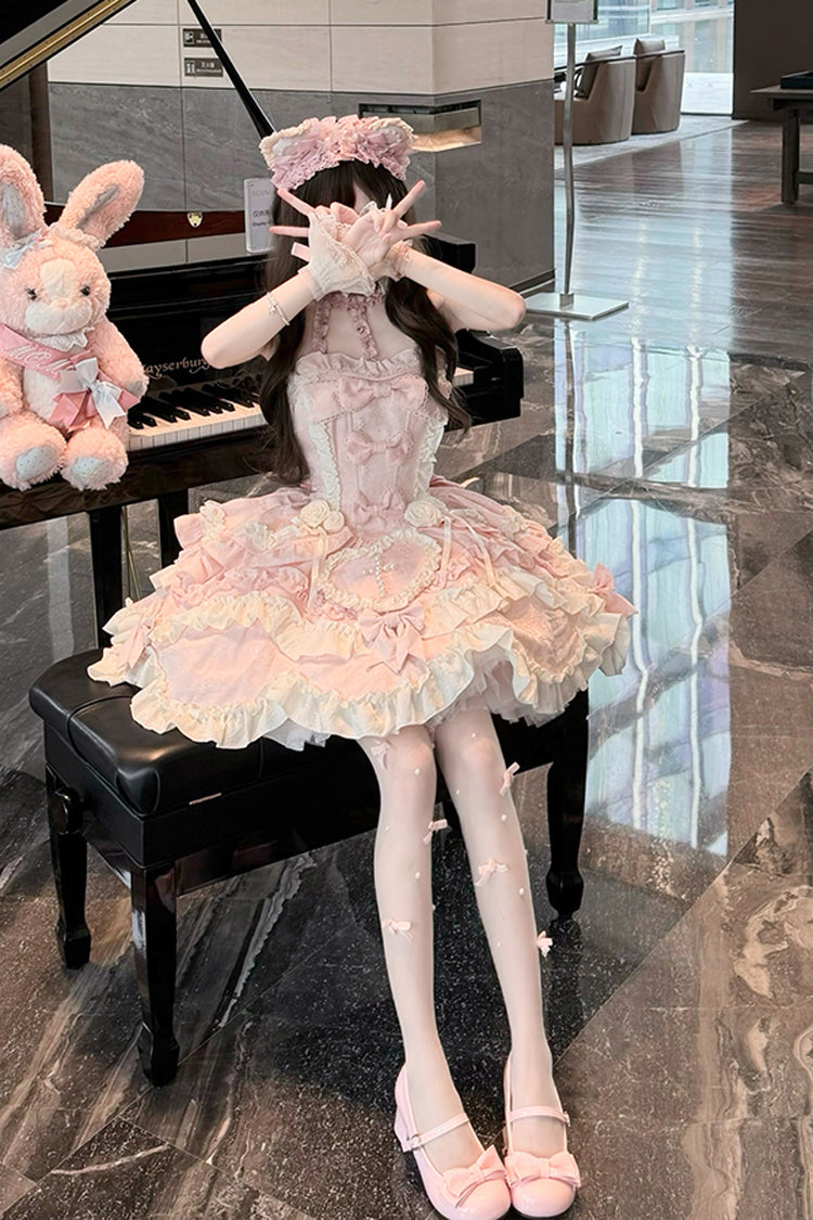 Blush Halter Sleeveless Embroidered Ruffle Ballerina JSK Set - Heart of Butterfly