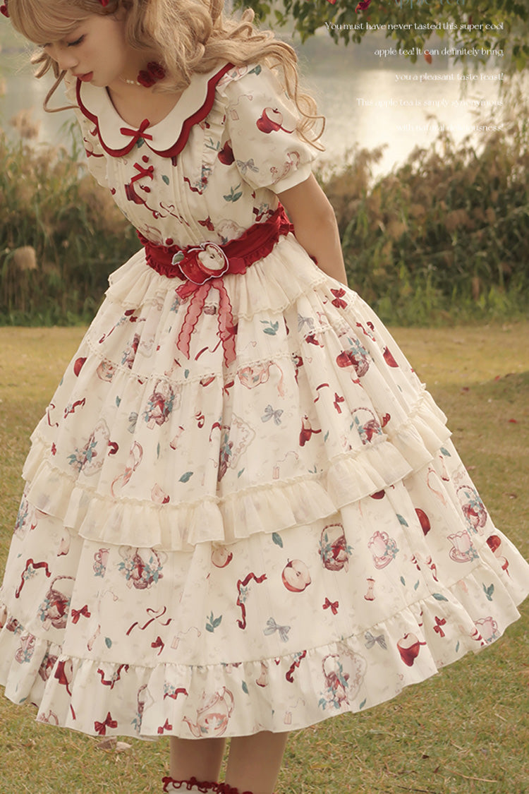 Ivory Apple Tea Print Short-Sleeve Country Ruffle Bow Sweet Lolita Dress Plus Size