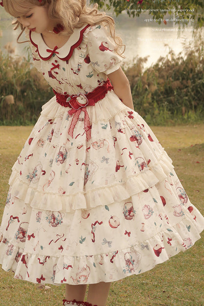 Ivory Apple Tea Print Short-Sleeve Country Ruffle Bow Sweet Lolita Dress
