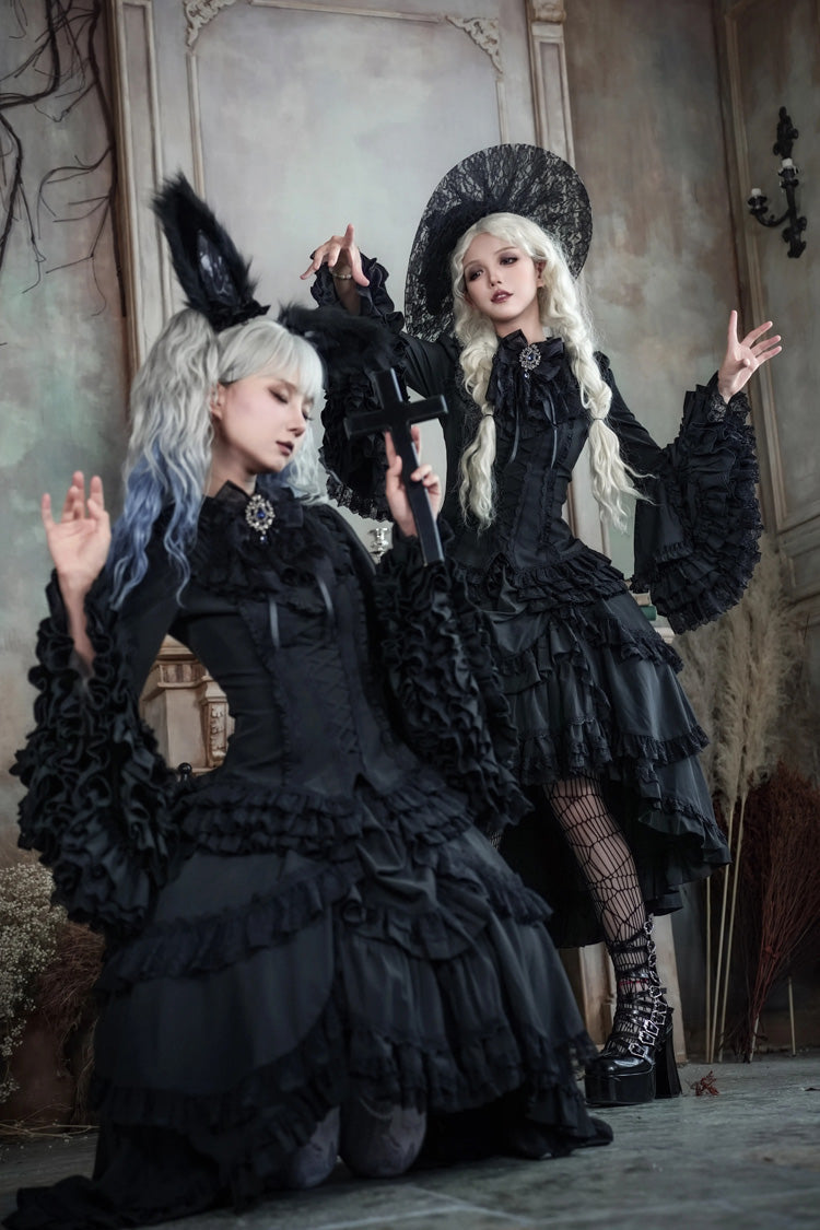 Ebony Flared Sleeve Tiered Lace-Up Bow Gothic JSK Ensemble - Immortal Phoenix