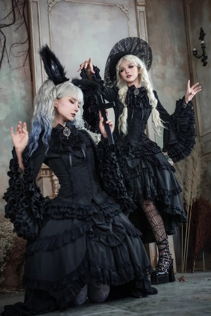 Ebony Flared Sleeve Tiered Lace-Up Bow Gothic JSK Ensemble - Immortal Phoenix