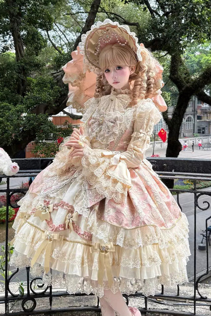 Blush Square Neck Sleeveless Printed Embroidered Ruffle Bow Gorgeous JSK - Gilded Waltz