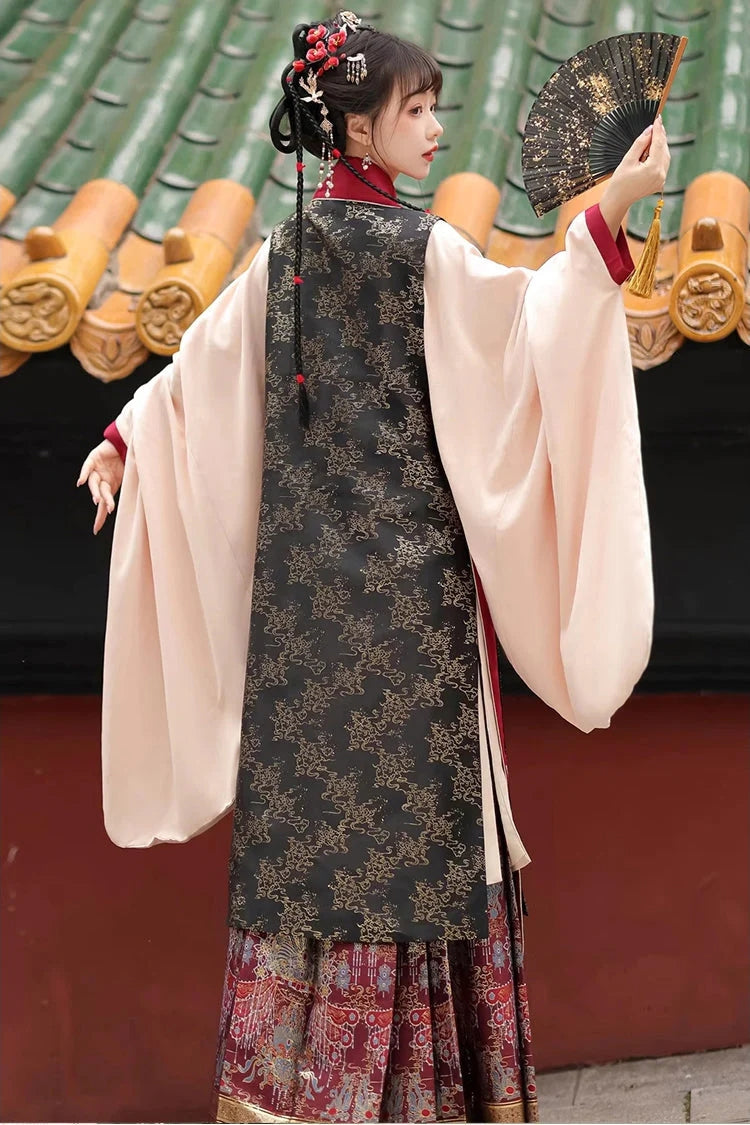 Crimson & Charcoal Round Neck High-Waist Embossed Hanfu Ensemble Three-Piece