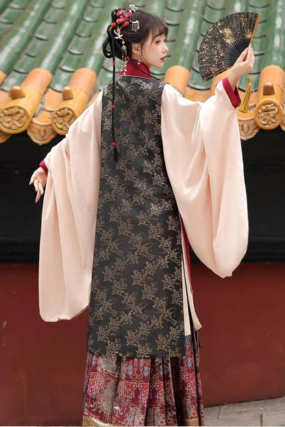 Crimson & Charcoal Round Neck High-Waist Embossed Hanfu Ensemble Three-Piece