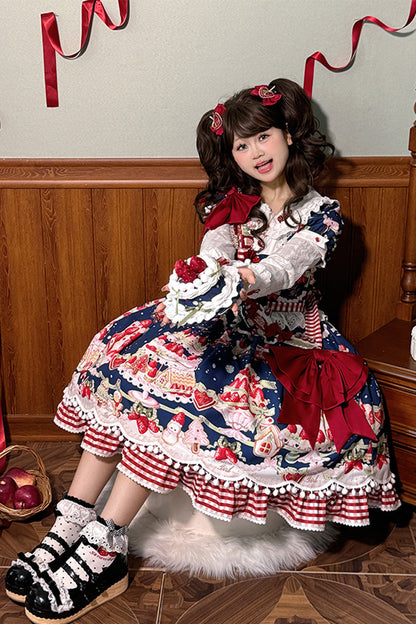 Doll Collar Short Sleeve Print Ruffle Bowknot Sweet Lolita Dress with Strawberry Dessert - 4 Colors