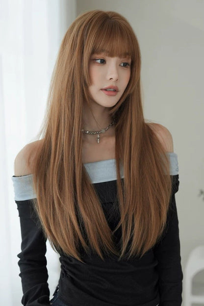 Korean Idol Face-Framing Hime Cut Long Straight Wig with Full Bangs in Mocha Mousse