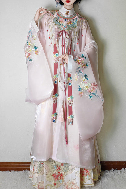 Blush Round Collar Long-Sleeve High-Waist Printed Embroidered Hanfu Set - Fragrant Flower Rain