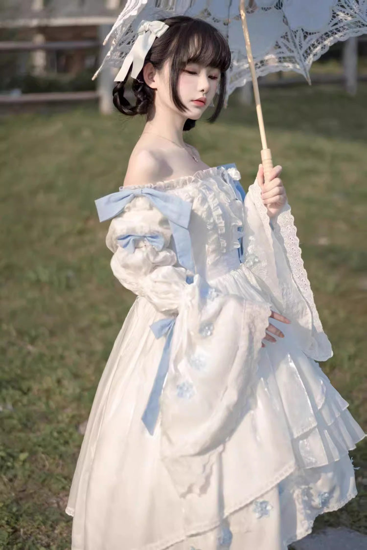 Ivory Boatneck Multi-Layer Ruffle Hanayome Bow Princess Lolita Strapless Dress