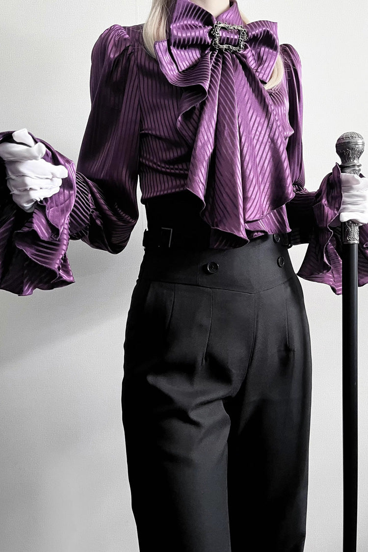 Lapel Collar Long Sleeve Striped Print Ruffle Ouji Gothic Blouse