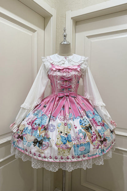 Blush Bear Print Ruffle Bow Lace Princess JSK - Floral Whisper