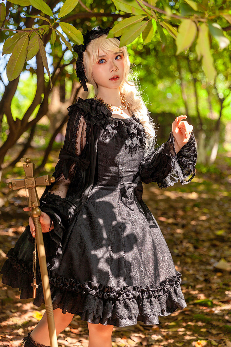 Gothic JSK Dress with Floral Print, Round Collar, and Ruffled Bow in Black