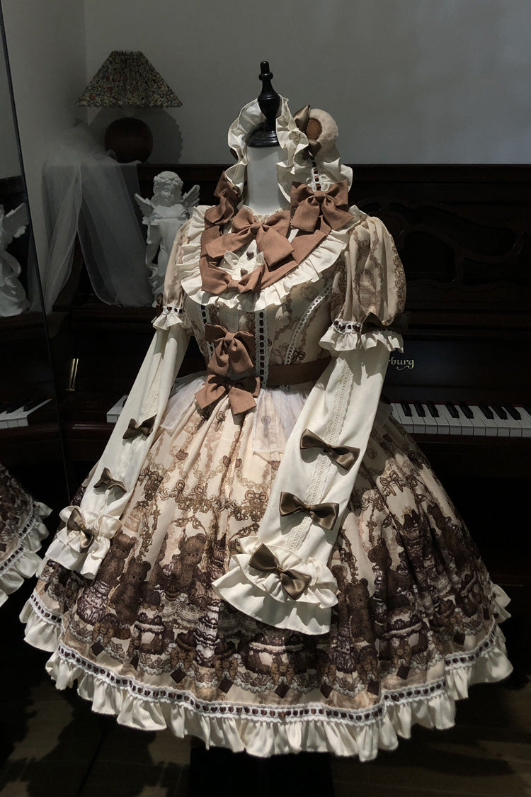 Teddy Bear Party Round Collar Printed Sweet Lolita Dress - Ruffled Bow
