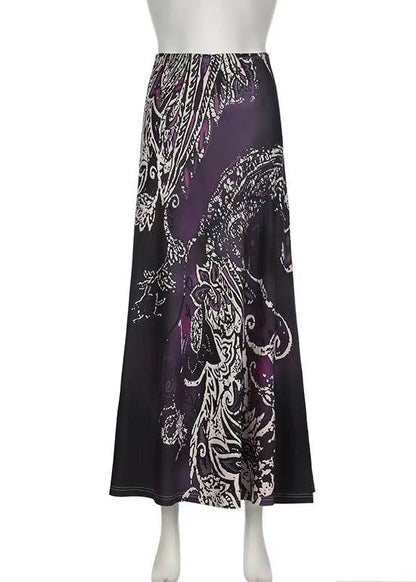 Purple Print Spring Bohemian Draping Line A Skirt