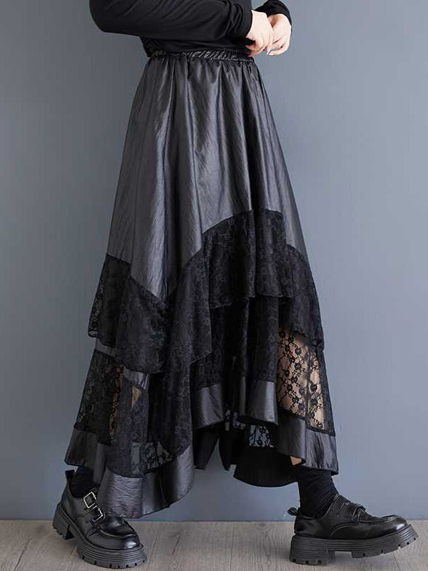 Goth Black Elasticity Layered Irregular Hem Patchwork Lace A-Line Skirt TW023
